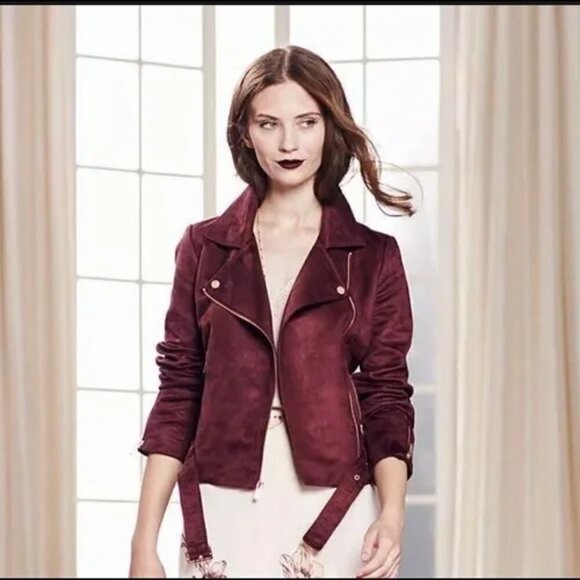 LC Lauren Conrad Runway Collection, Size 6 Burgundy Moto Jacket, Faux Suede - Picture 12 of 14